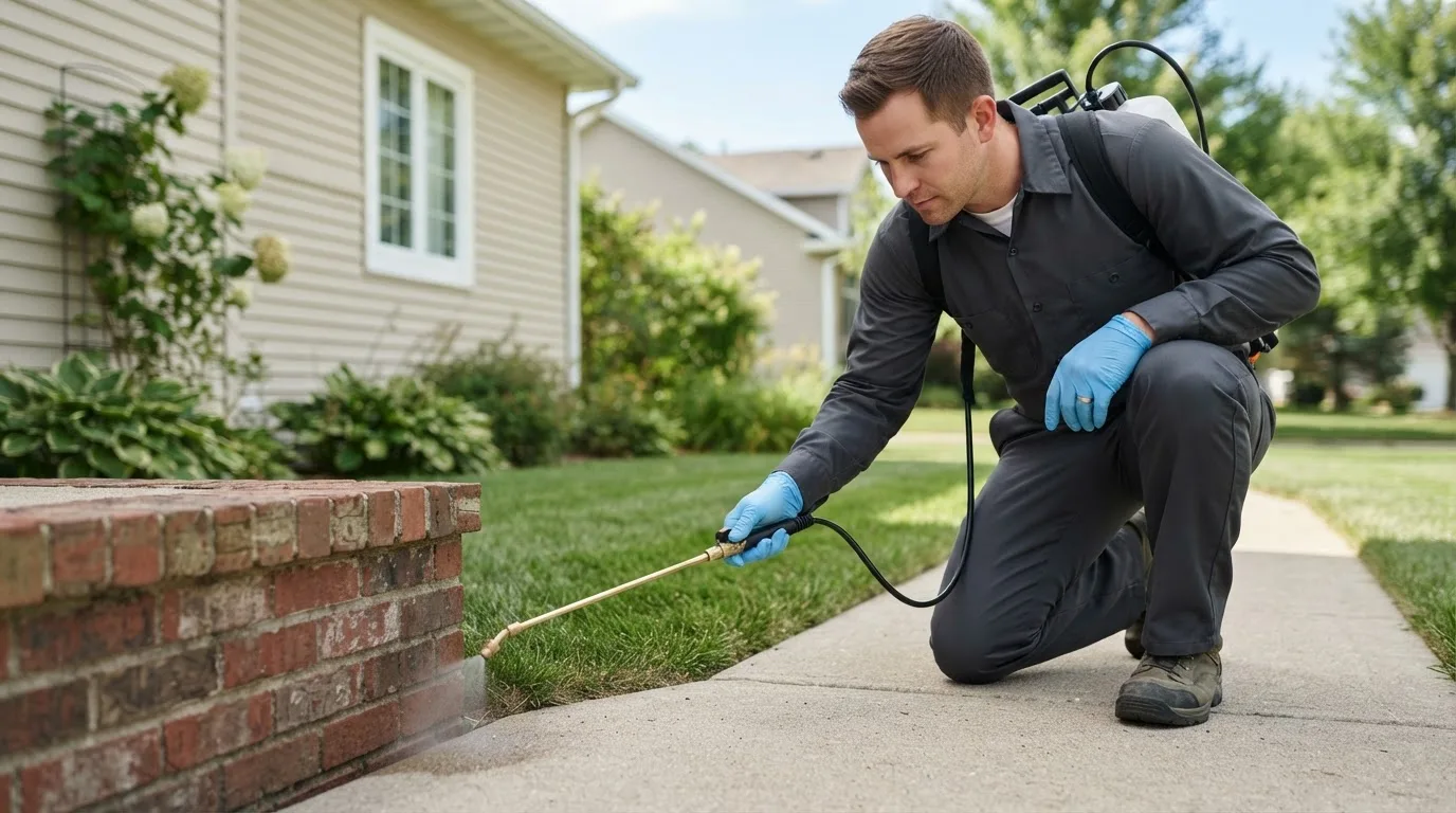 Pest control technician treating a home near Jetersville, VA